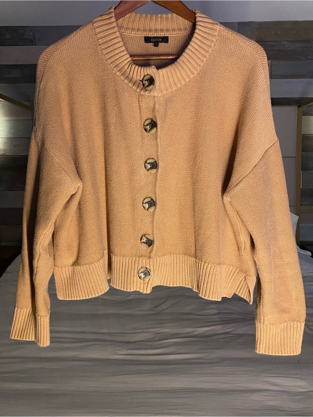 Quince Cropped Tan Button-Up Knit Sweater Cardigan - Picture 3 of 7